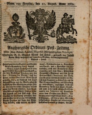 Augspurgische Ordinari-Post-Zeitung (Augsburger Postzeitung) Freitag 21. August 1761