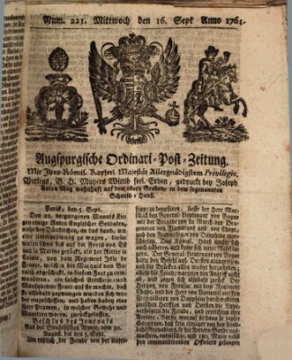 Augspurgische Ordinari-Post-Zeitung (Augsburger Postzeitung) Mittwoch 16. September 1761