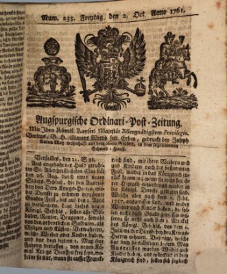 Augspurgische Ordinari-Post-Zeitung (Augsburger Postzeitung) Freitag 2. Oktober 1761