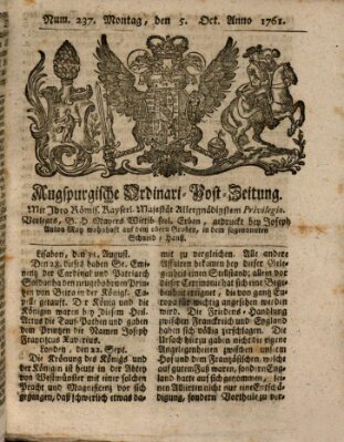 Augspurgische Ordinari-Post-Zeitung (Augsburger Postzeitung) Montag 5. Oktober 1761