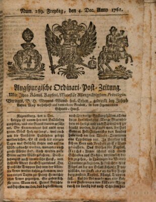 Augspurgische Ordinari-Post-Zeitung (Augsburger Postzeitung) Freitag 4. Dezember 1761