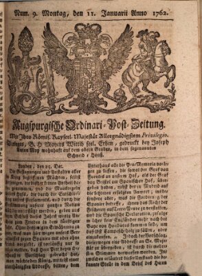 Augspurgische Ordinari-Post-Zeitung (Augsburger Postzeitung) Montag 11. Januar 1762