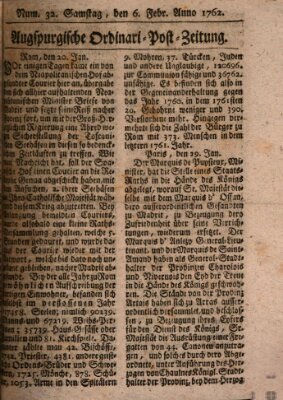 Augspurgische Ordinari-Post-Zeitung (Augsburger Postzeitung) Samstag 6. Februar 1762