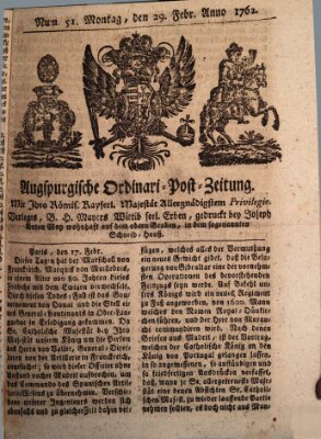 Augspurgische Ordinari-Post-Zeitung (Augsburger Postzeitung) Sonntag 28. Februar 1762