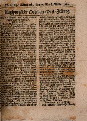 Augspurgische Ordinari-Post-Zeitung (Augsburger Postzeitung) Mittwoch 7. April 1762