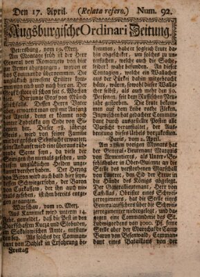 Augspurgische Ordinari-Post-Zeitung (Augsburger Postzeitung) Samstag 17. April 1762