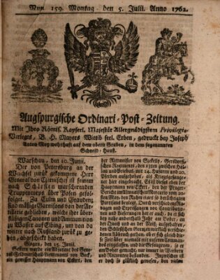 Augspurgische Ordinari-Post-Zeitung (Augsburger Postzeitung) Montag 5. Juli 1762