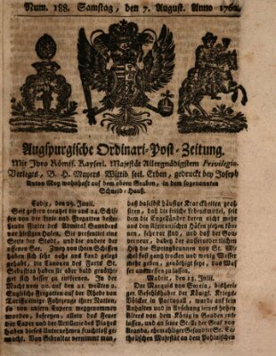 Augspurgische Ordinari-Post-Zeitung (Augsburger Postzeitung) Samstag 7. August 1762