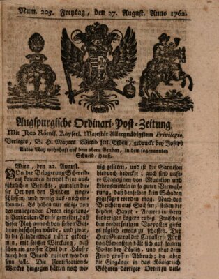 Augspurgische Ordinari-Post-Zeitung (Augsburger Postzeitung) Freitag 27. August 1762