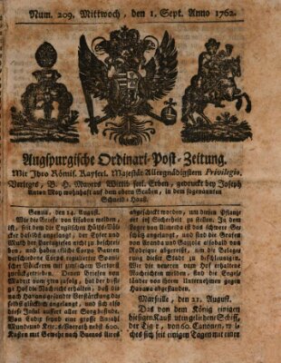 Augspurgische Ordinari-Post-Zeitung (Augsburger Postzeitung) Mittwoch 1. September 1762