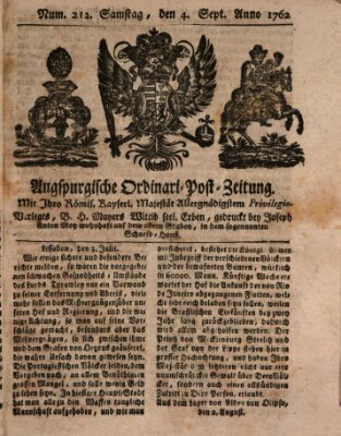 Augspurgische Ordinari-Post-Zeitung (Augsburger Postzeitung) Samstag 4. September 1762