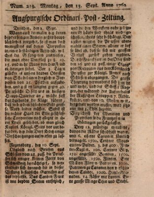 Augspurgische Ordinari-Post-Zeitung (Augsburger Postzeitung) Montag 13. September 1762