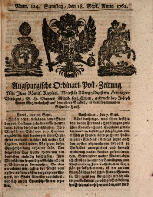 Augspurgische Ordinari-Post-Zeitung (Augsburger Postzeitung) Samstag 18. September 1762