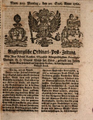 Augspurgische Ordinari-Post-Zeitung (Augsburger Postzeitung) Montag 20. September 1762