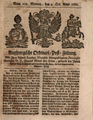 Augspurgische Ordinari-Post-Zeitung (Augsburger Postzeitung) Montag 4. Oktober 1762