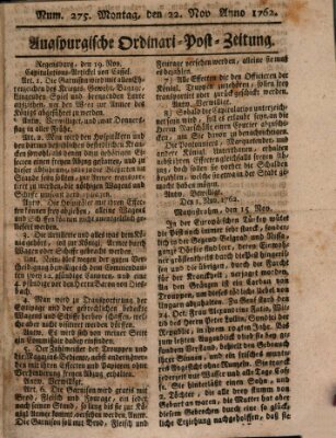 Augspurgische Ordinari-Post-Zeitung (Augsburger Postzeitung) Montag 22. November 1762