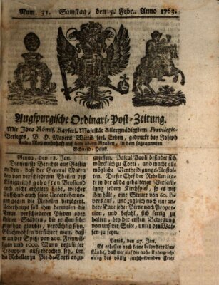 Augspurgische Ordinari-Post-Zeitung (Augsburger Postzeitung) Samstag 5. Februar 1763