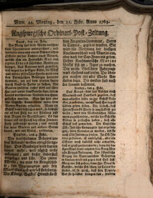 Augspurgische Ordinari-Post-Zeitung (Augsburger Postzeitung) Montag 21. Februar 1763