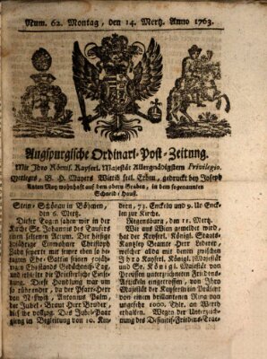 Augspurgische Ordinari-Post-Zeitung (Augsburger Postzeitung) Montag 14. März 1763