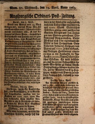 Augspurgische Ordinari-Post-Zeitung (Augsburger Postzeitung) Mittwoch 13. April 1763