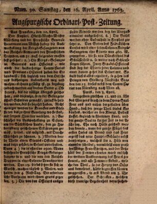 Augspurgische Ordinari-Post-Zeitung (Augsburger Postzeitung) Samstag 16. April 1763