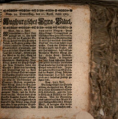 Augspurgische Ordinari-Post-Zeitung (Augsburger Postzeitung) Donnerstag 21. April 1763