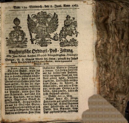 Augspurgische Ordinari-Post-Zeitung (Augsburger Postzeitung) Mittwoch 8. Juni 1763