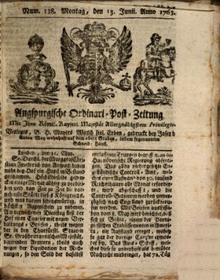 Augspurgische Ordinari-Post-Zeitung (Augsburger Postzeitung) Montag 13. Juni 1763