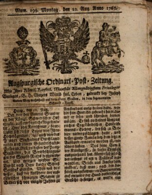 Augspurgische Ordinari-Post-Zeitung (Augsburger Postzeitung) Montag 22. August 1763