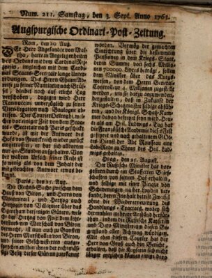 Augspurgische Ordinari-Post-Zeitung (Augsburger Postzeitung) Samstag 3. September 1763