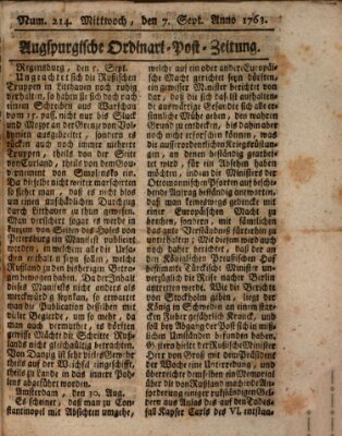 Augspurgische Ordinari-Post-Zeitung (Augsburger Postzeitung) Mittwoch 7. September 1763