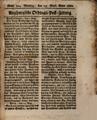 Augspurgische Ordinari-Post-Zeitung (Augsburger Postzeitung) Montag 19. September 1763