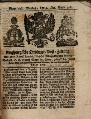 Augspurgische Ordinari-Post-Zeitung (Augsburger Postzeitung) Montag 3. Oktober 1763