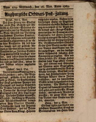 Augspurgische Ordinari-Post-Zeitung (Augsburger Postzeitung) Mittwoch 16. November 1763