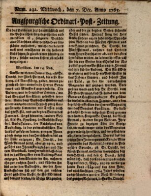 Augspurgische Ordinari-Post-Zeitung (Augsburger Postzeitung) Mittwoch 7. Dezember 1763