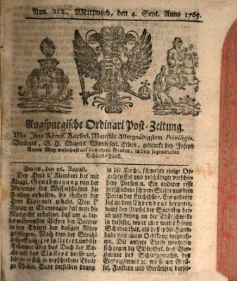 Augspurgische Ordinari-Post-Zeitung (Augsburger Postzeitung) Mittwoch 4. September 1765