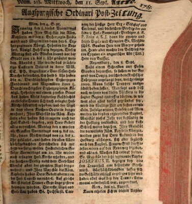 Augspurgische Ordinari-Post-Zeitung (Augsburger Postzeitung) Mittwoch 11. September 1765