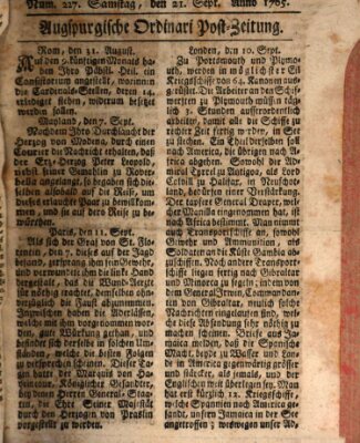 Augspurgische Ordinari-Post-Zeitung (Augsburger Postzeitung) Samstag 21. September 1765