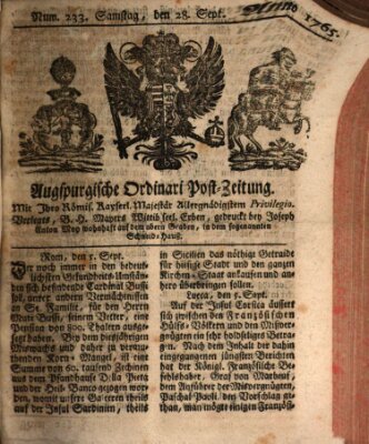 Augspurgische Ordinari-Post-Zeitung (Augsburger Postzeitung) Samstag 28. September 1765