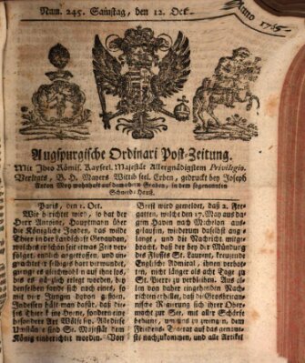 Augspurgische Ordinari-Post-Zeitung (Augsburger Postzeitung) Samstag 12. Oktober 1765