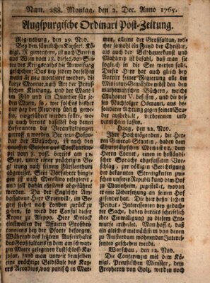 Augspurgische Ordinari-Post-Zeitung (Augsburger Postzeitung) Montag 2. Dezember 1765