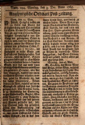 Augspurgische Ordinari-Post-Zeitung (Augsburger Postzeitung) Montag 9. Dezember 1765