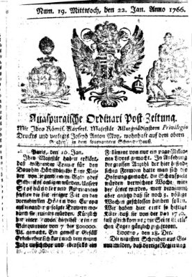 Augspurgische Ordinari-Post-Zeitung (Augsburger Postzeitung) Mittwoch 22. Januar 1766