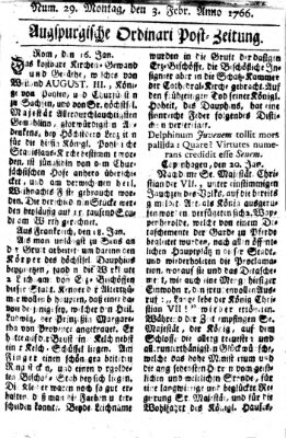 Augspurgische Ordinari-Post-Zeitung (Augsburger Postzeitung) Montag 3. Februar 1766