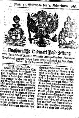 Augspurgische Ordinari-Post-Zeitung (Augsburger Postzeitung) Mittwoch 5. Februar 1766