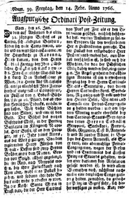 Augspurgische Ordinari-Post-Zeitung (Augsburger Postzeitung) Freitag 14. Februar 1766