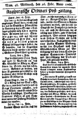 Augspurgische Ordinari-Post-Zeitung (Augsburger Postzeitung) Mittwoch 26. Februar 1766