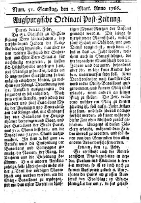 Augspurgische Ordinari-Post-Zeitung (Augsburger Postzeitung) Samstag 1. März 1766