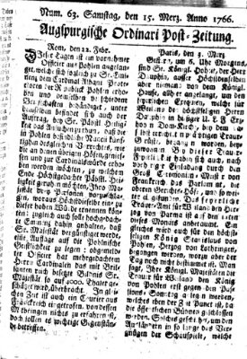 Augspurgische Ordinari-Post-Zeitung (Augsburger Postzeitung) Samstag 15. März 1766