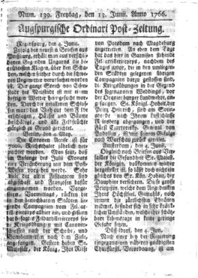 Augspurgische Ordinari-Post-Zeitung (Augsburger Postzeitung) Freitag 13. Juni 1766